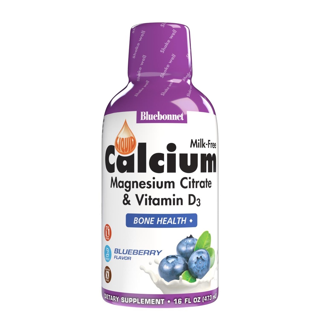 Bluebonnet Nutrición Calcio líquido Citrato de magnesio, Vitamina D3, Bone Health, Gluten Free, Soy free, leche libre, kosher,32 Servimientos, Blueberry Flavor, 16 Fl Oz (Pack of 1)