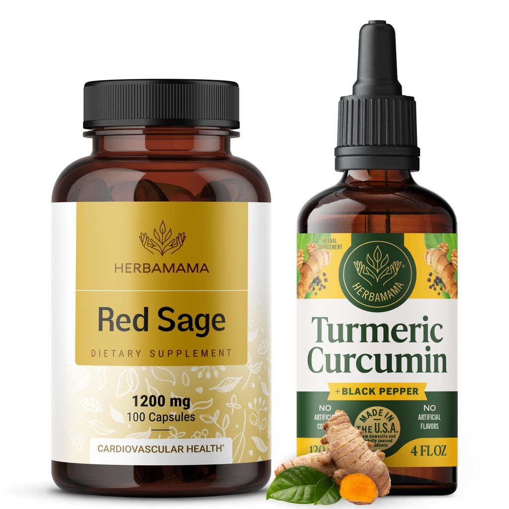 HerBAMAMA Red Sage and Turmeric Kit - Bundle of 1200 mg Red Sage Dan Shen Capsules " Turmeric Curcumin Drops 2 fl oz - Vegan, Non-GMO, Sugar " Alcohol-Free - 2 Pack