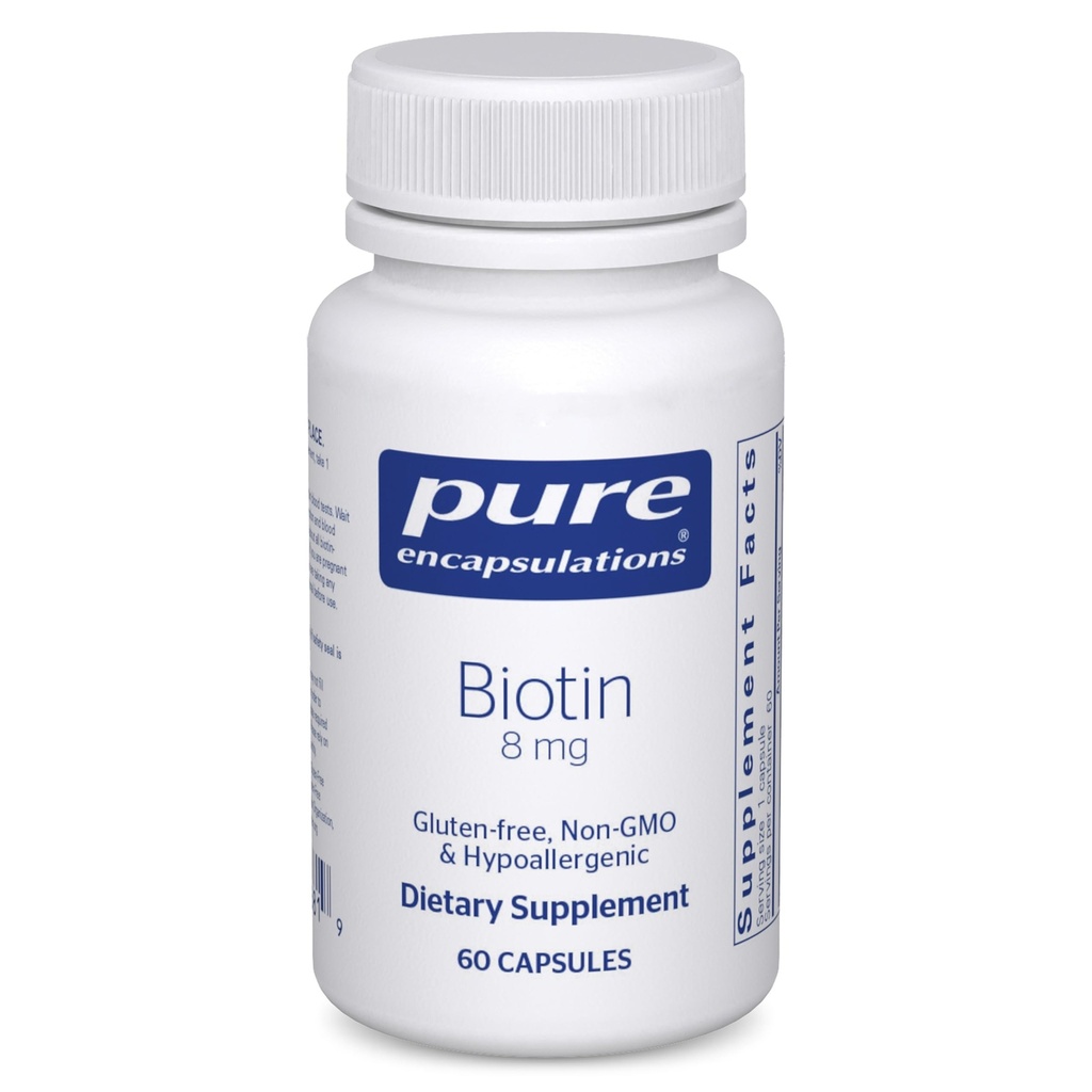 Encapsulaciones puras Biotina 8 mg - B Suplemento de vitaminas para el alivio de estrés de la ayuda, el cabello, la piel " Fortalecimiento de la uñas, metabolismo, soporte de carbohidratos " Sistema nervioso* - con biotina Premium - 60 cápsulas