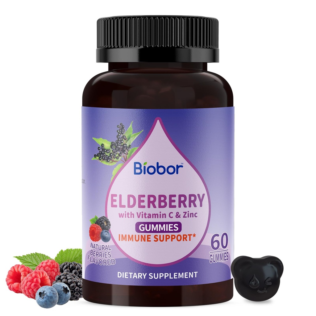 Extracto de frutas de Elderberry Negro Natural 150mg con vitamina C y zinc, anciano de hierbasCraft® Gummies Apoyo diario para niños y adultos, 60 Condes