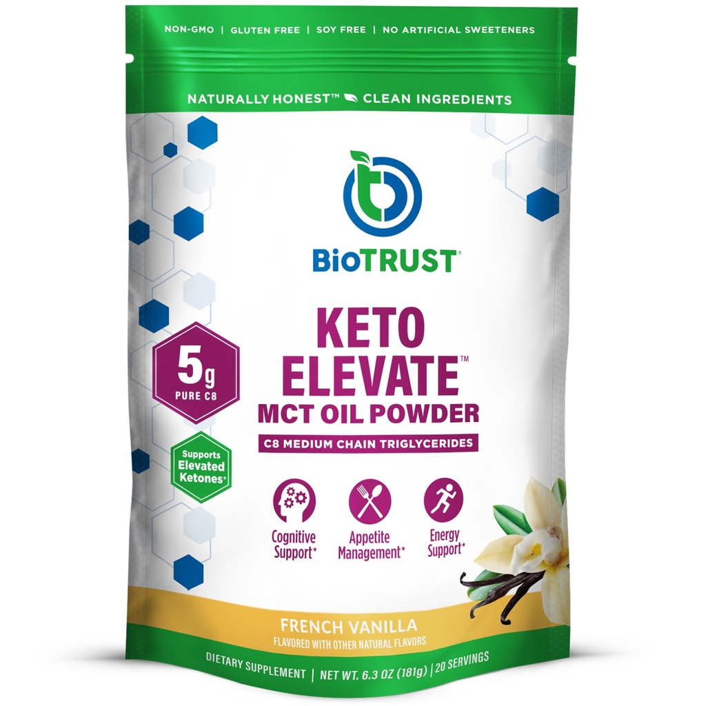 BioTrust Keto Elevate – C8 MCT Oil Powder – Ketogenic MCT Coffee Creamer, Keto Coffee Creamer – Clean Energy, Mental Focus, Clarity –100% Caprylic Acid MCT Powder, Non-GMO (French Vanilla, 20 Servings)