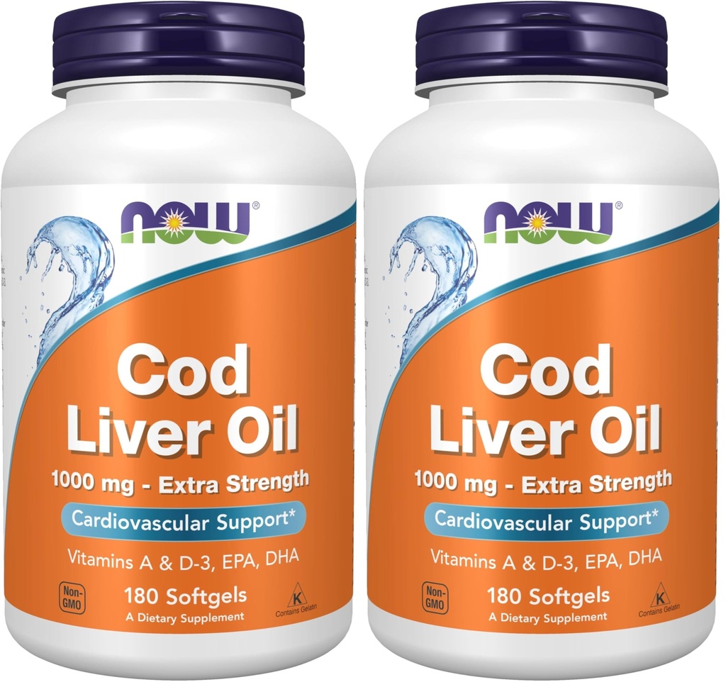 NOW Foods Supplements,Cod Liver Oil,Extra Strength 1,000 mg with Vitamins A & D-3,EPA,DHA,180 Softgels,(Pack of 2)