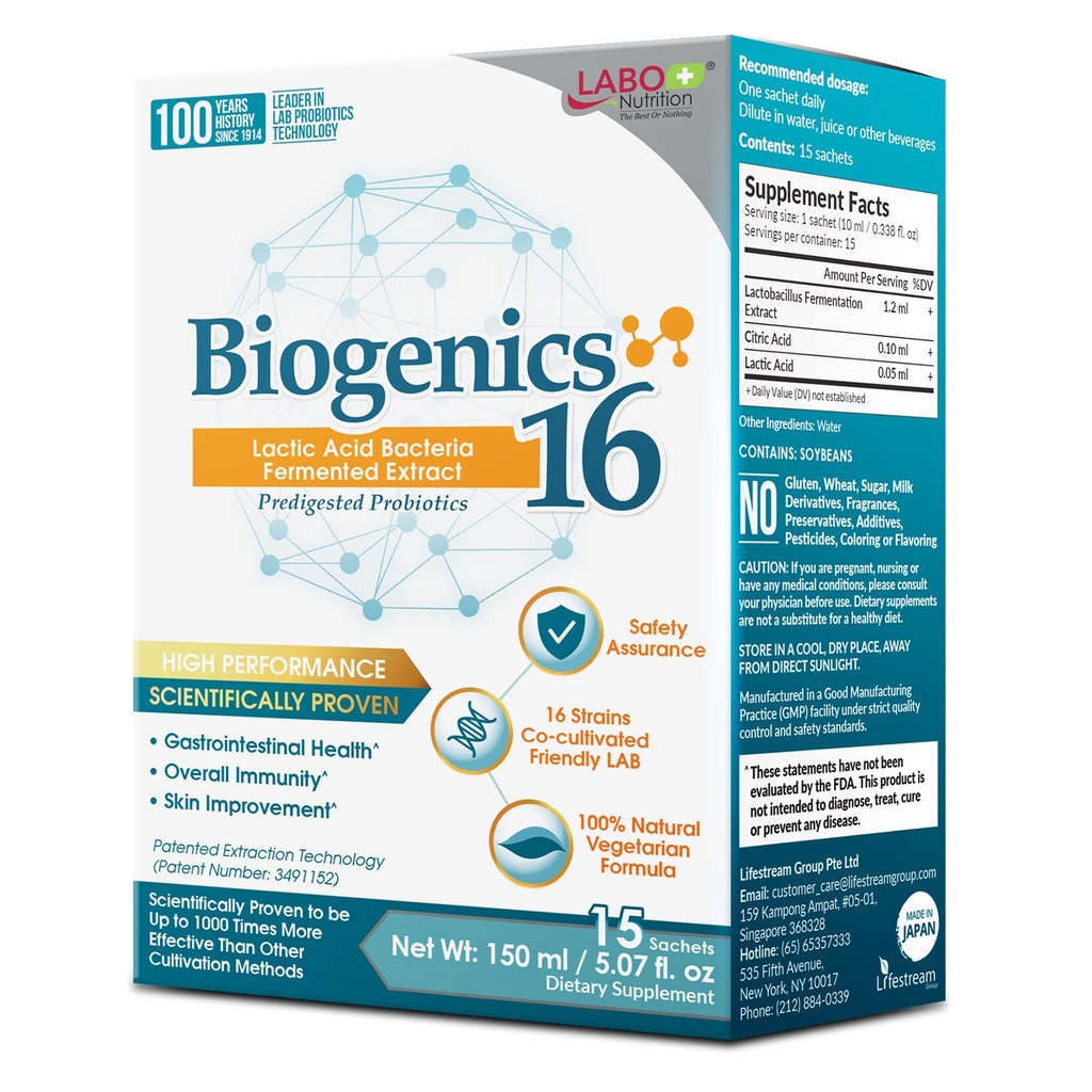 LABO Biógenos de Nutrición 16– Bacterias Ácidas Lácticas Extracto Fermentado, 1000x Más Eficaz, Apoyo a la Salud Gut Más allá de Probióticos & Prebióticos, Mejorar la Esquía Intestinal y la Salud Inmune, 10mlx15 sachets