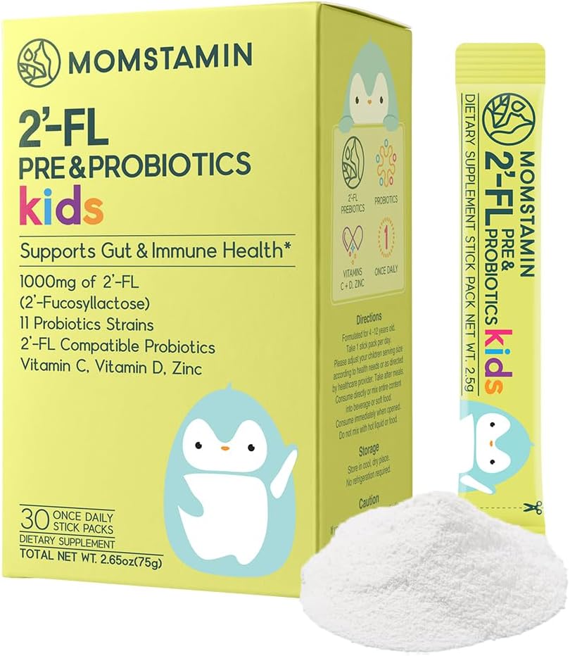 MOMSTAMIN 2'-FL HMO Prebióticos " Probióticos para niños, 1000mg Leche Humana Oligosaccharide 2'-FL Polvo, Patented 11 Strains, Healthy Gut Microbiome, Immune " Suplemento Digestivo, IBS Relief - 30 Sticks