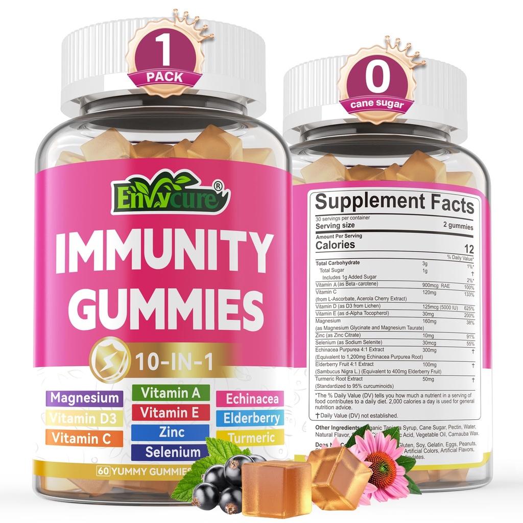 10 en 1 Apoyo Inmunitario Suplemento Gummies, w/Echinacea, Elderberry Vitamin C y Zinc, Selenium, Vitamina D3 5000IU, Magnesium, Daily Immune Booster Multivitamin, para Antioxidante Bone Energy, 1 Pack