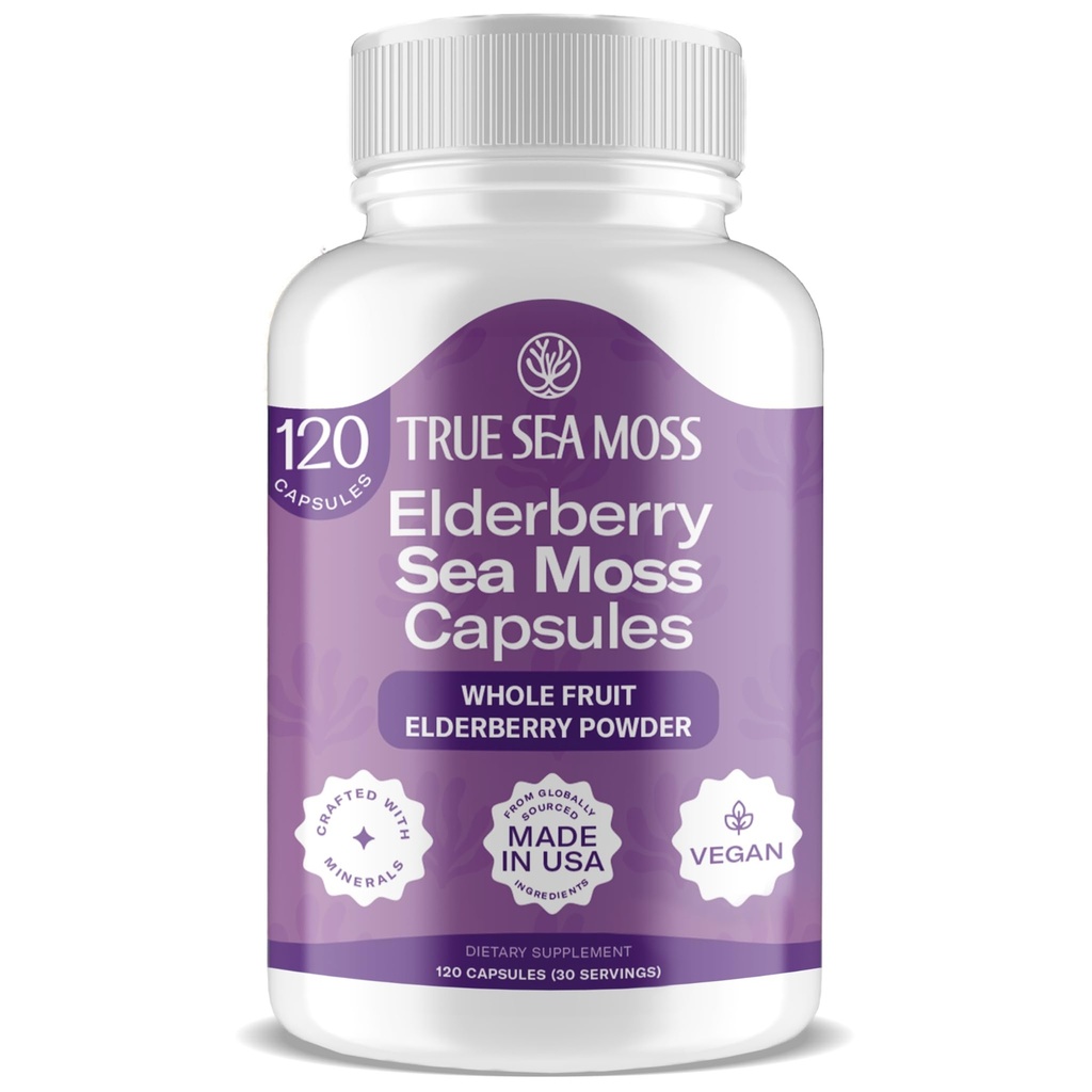 TrueSeaMoss Irish Sea Moss Capsules - 120 Elderberry Capsules (1600mg) - Prebiótico Superfood - Boosts Sistema Immune & Digestive - Skin saludable, Keto Detox, Gut, Joint Support
