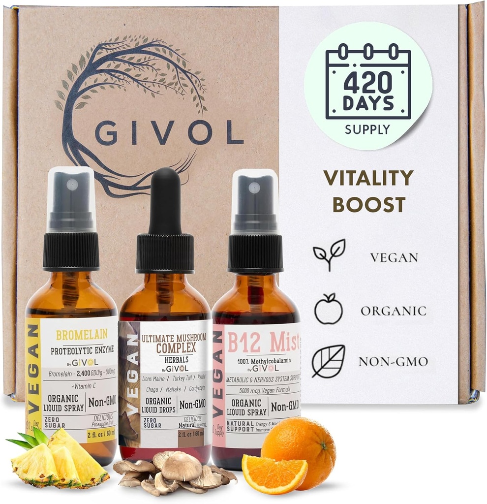 Vitality Boost Bundle Liquid Spray - Ultimate Mushroom Complex, Bromelain, B12 Methylcobalamin - Complete Multivitamin - Planta- Basada, No-GMO, Gluten Free, Sugar Free 2 Fl Oz (420 Days Supply)