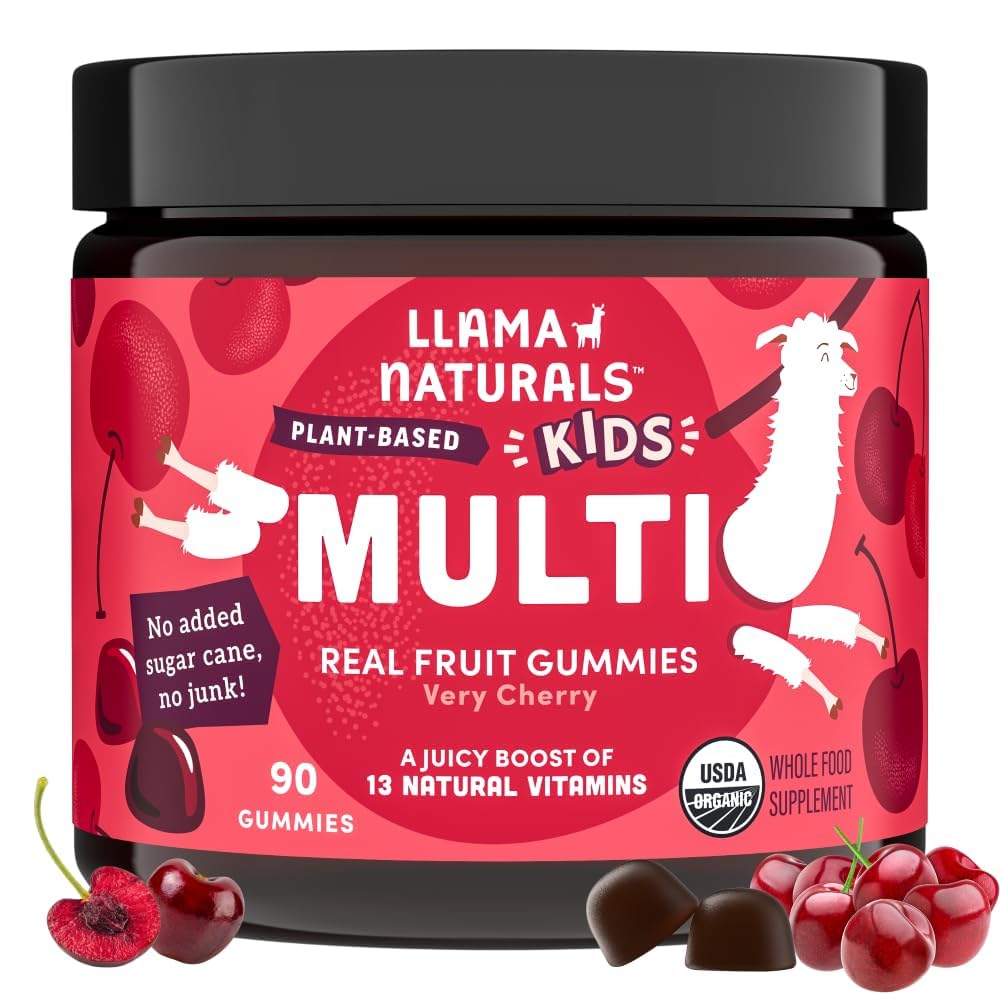 Llama Naturals Niños Gummies multivitamínicos, Vegan, Orgánica con Vitamina D, C & K, Vitaminas de Gummy de Fruto Real Toddler, Suplemento Chewable, Alimento completo Multivitamina, No Añadido caña de azúcar, cereza, 90 Ct
