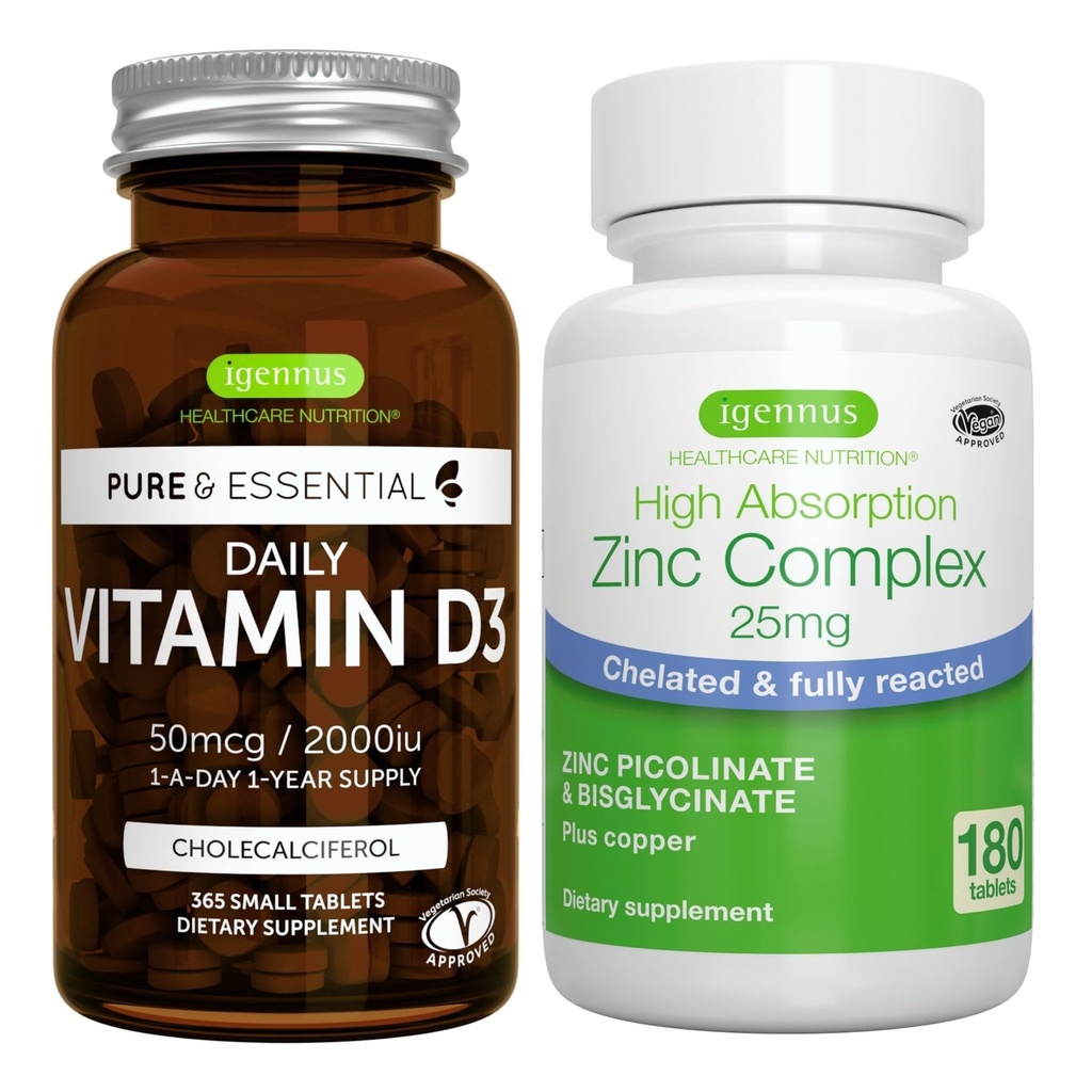 Vitamina D3 + Complejo Zinc Bundle Vegetariano, 365 2000iu Vitamina D3 Tabletas + 25 mg Picolinato Zinc Chelated & Bisglycinate with Copper, por Igennus