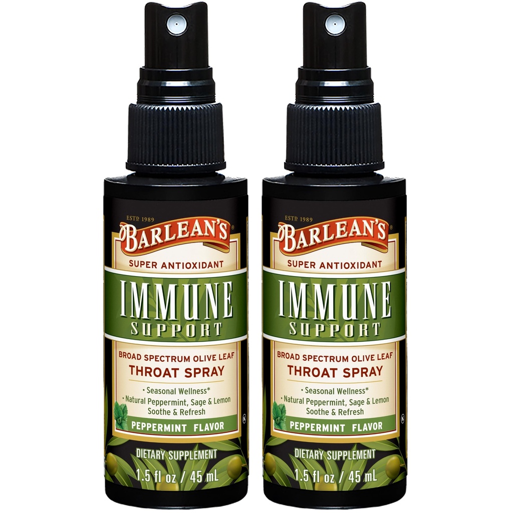 Barlean 2 Pack Olive Leaf Complex Throat Spray with Peppermint, Lemon, and Sage for Itchy Throat Relief, Immune Support Supplement, Liquid Blended Extract, 1.5 oz