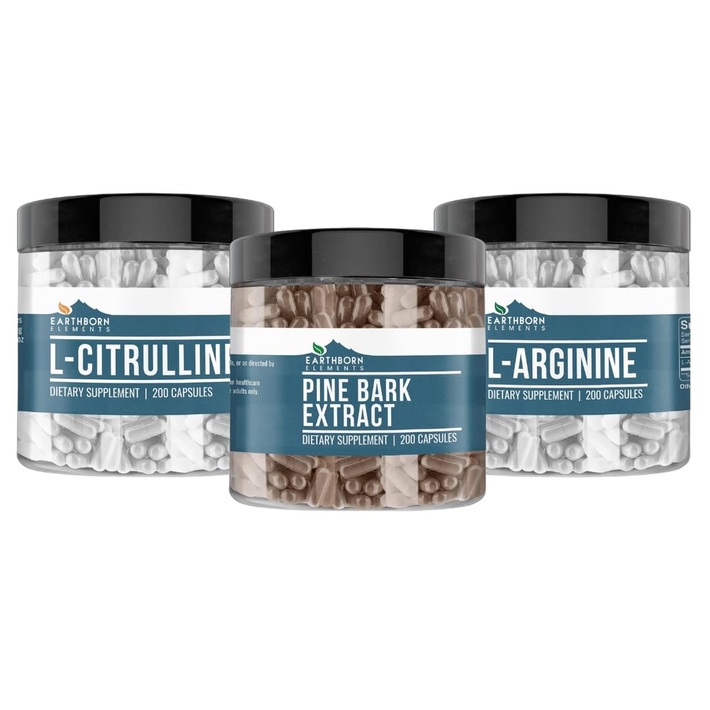 Elementos terrestres Pine Bark, L-Arginine, & L-Citrulline Capsule Bundle, 200 Capsules Cada uno, Puro " Undiluted, No Additives