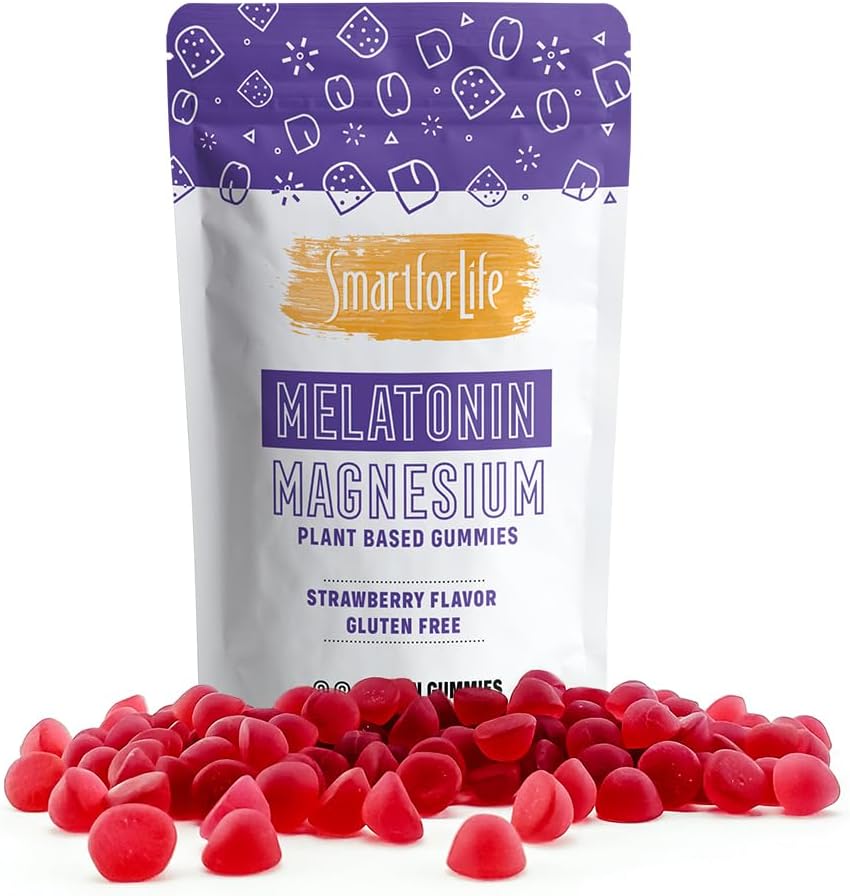 SMART FOR LIFE Melatonin Gummies 5mg W/Magnesium - 60 Cuenta - Planta base Vegan Melatonin Gummies - Strawberry Flavor Sleep Gummies - Heart & Bone Health Suplemento dietético - Adult Melatonin Gummies