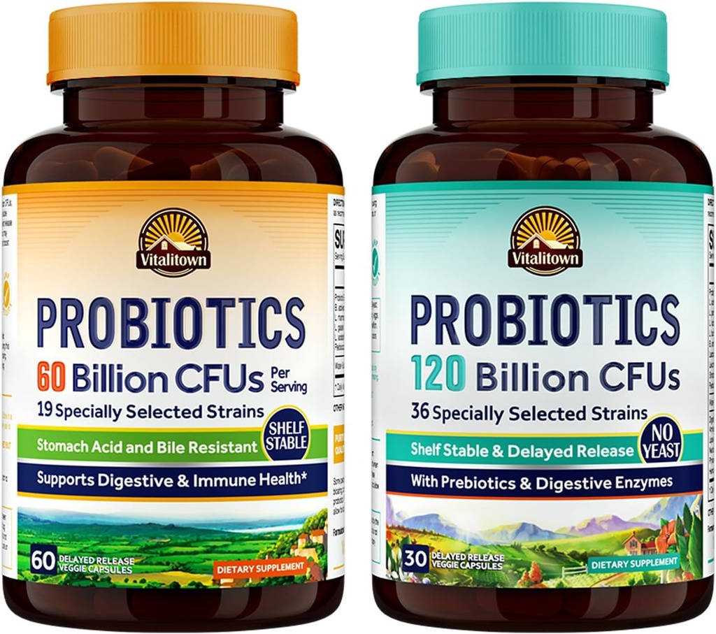 Vitalitown Probiotic Bundle (Pack of 2) ← Probiotics 60 Billion CFUs (Item 1) " Probiotics 120 Billion CFUs (Item 2) ← Shelf Stable ← Digestive " Immune Health ← 30 Day Supply Cada uno