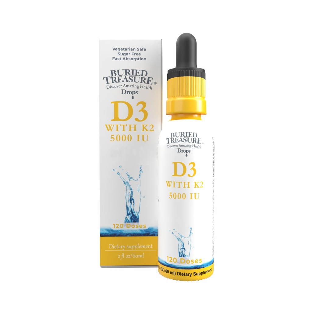Tesoro enterrado Vitamina D3 &amp; K2 gotas - 5000 UI D3 con 100 mcg K2 para Bone, Heart &amp; Immune Support, Sugar Free, 2 fl oz
