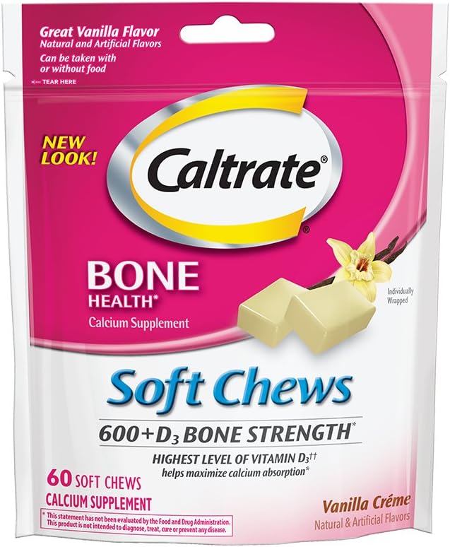 Caltrato 600+D3, Calcio y Vitamina D3 Suplemento de cerdas blandas, 600 mg (Vanilla Crème Flavor, 60 Cuenta)