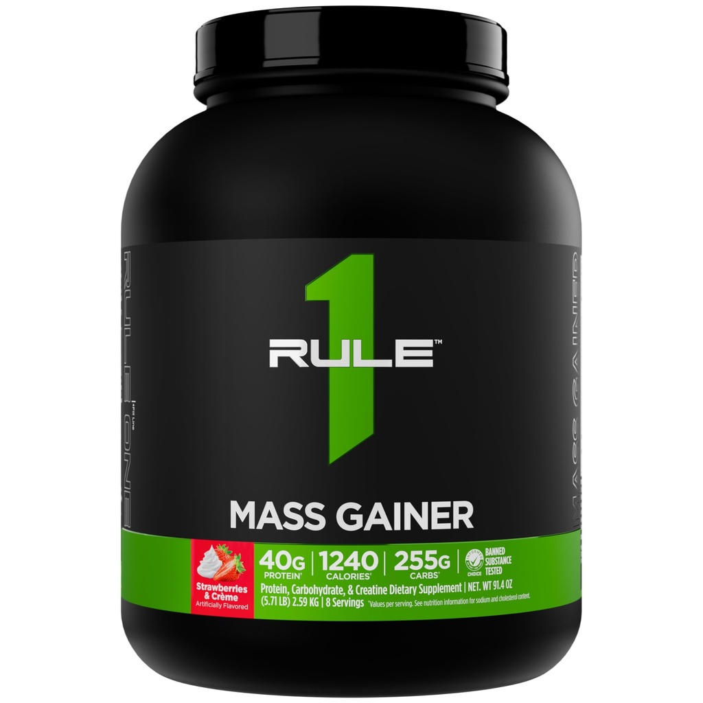 Regla 1 Gainer de Masa - Fórmula de alto nivel de peso con 1.220+ Calories, 250g+ Complejo Carb Blend, 40g All-Whey Protein Por Serving (8 Servings, Strawberries & Crème)