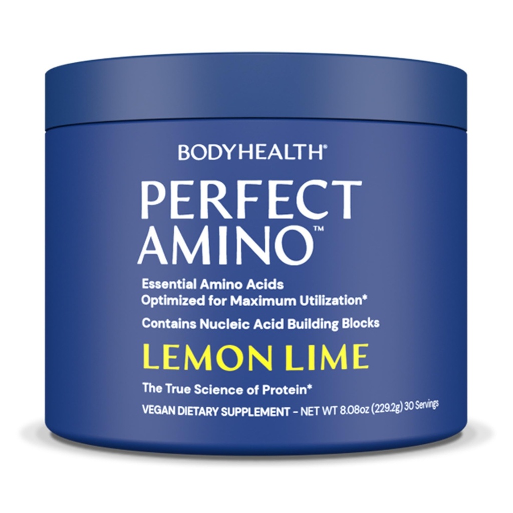 BodyHealth PerfectAmino Powder - BCAA and EAA Powder for Pre and Post Workout - Amino Acid Energy Drink for Hombres and Women to Support Lean Muscle and Recovery - Lemon Lime - 30 Servings