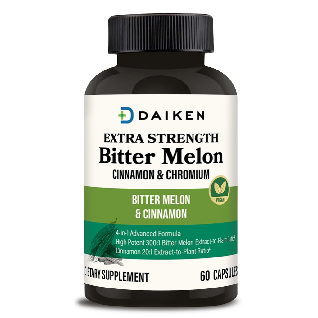 DAIKEN Bitter Melon, Cinnamon " Chromium, 90,000 mg Equivalent Por Serving Extra Strength, 100% Vegetarian Bitter Melon cápsulas con cromo de canela " Zinc, 60 cápsulas