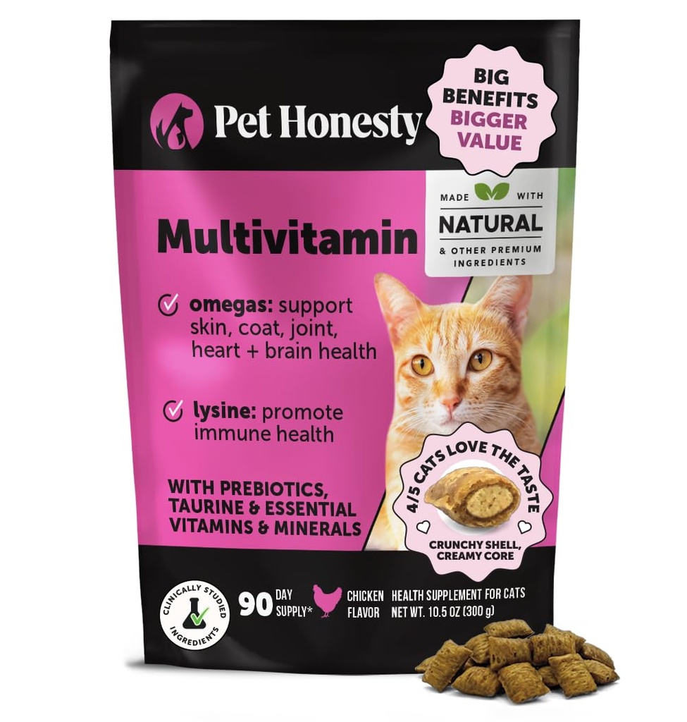 Cat Multivitamin Chews - Cat Treats for Health + Immune, Joint Support, Skin & Coat y Digestion - Omega 3s, Lysine &amp; Probiotics for Cats, Vitaminas para gatos - Pollo (90-Day Supply)
