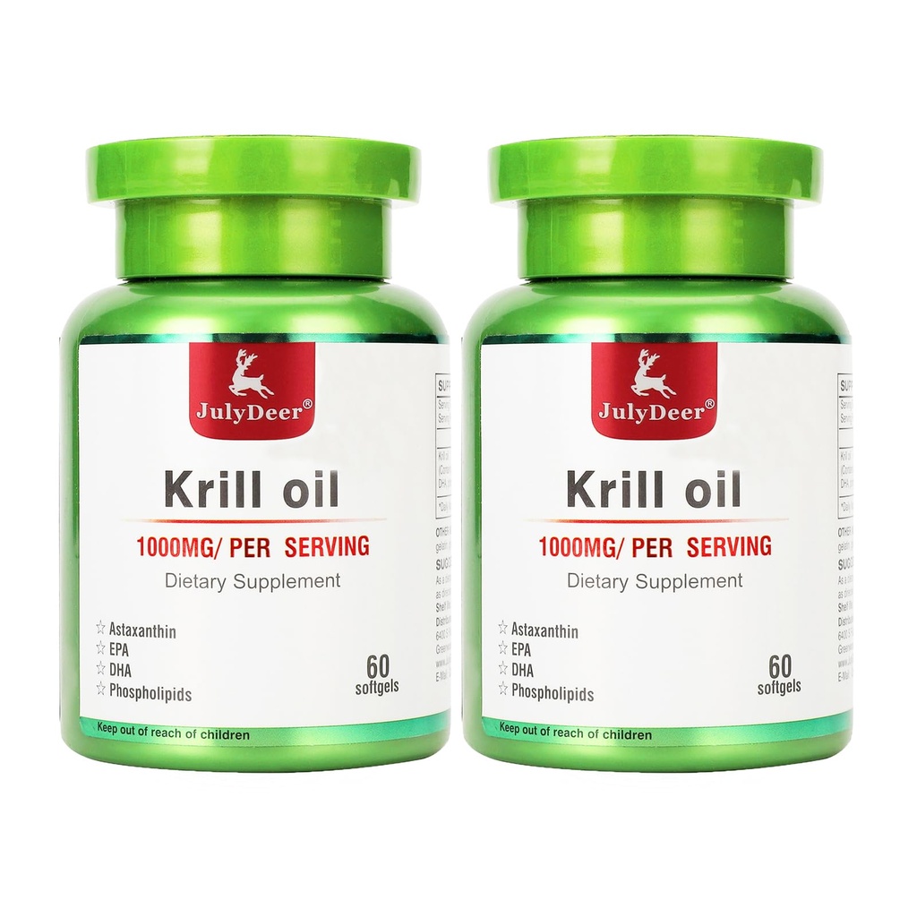 2 Botellas Antártico Krill Oil 1000 mg con Omega-3 EPA, DHA, Astaxanthin y Phospholipids 60 Softgels Suplemento No Fishy Aftertaste for Joint, Heart, Brain and Immunity - 120 Softgels