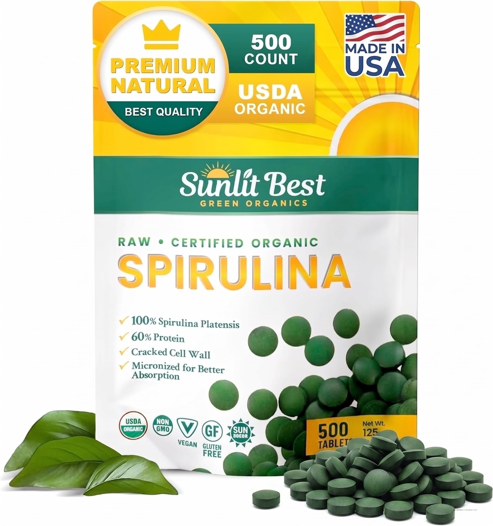 Sunlit Best Spirulina Tablets - Organic Spirulina Tablets USDA Premium 500 Count - Natural Spirulinas Organic Burst for Immune Support Muscle Growth, Energy Boost w/Chlorophyll - High Protein, Non GMO