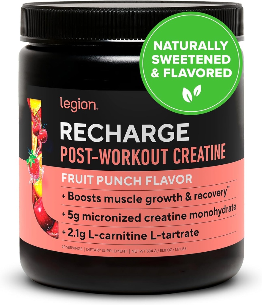 Recarga Legión Suplemento de entrenamiento - Todo el constructor natural del músculo &amp; bebida de recuperación con el monohidrato de la crema. Naturalmente endulzado &amp; Saborado, seguro &amp; saludable. 60 Servimientos. (Fruit Punch, 60 Servimientos)