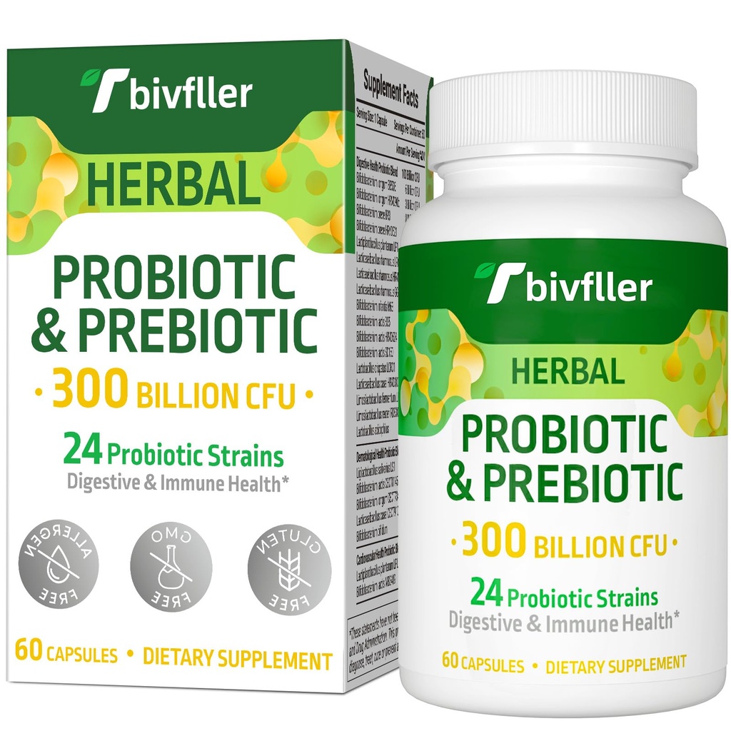 Probióticos para Mujeres Hombres- 300 Billones CFU, 24 Strains Probiótico+15 Hierbas Orgánicas Prebióticos Blend, Pre y Probióticos, para Salud Digestiva, Immune & Gut, Diarrea, Bloating, Vegan, 2 Month Supply