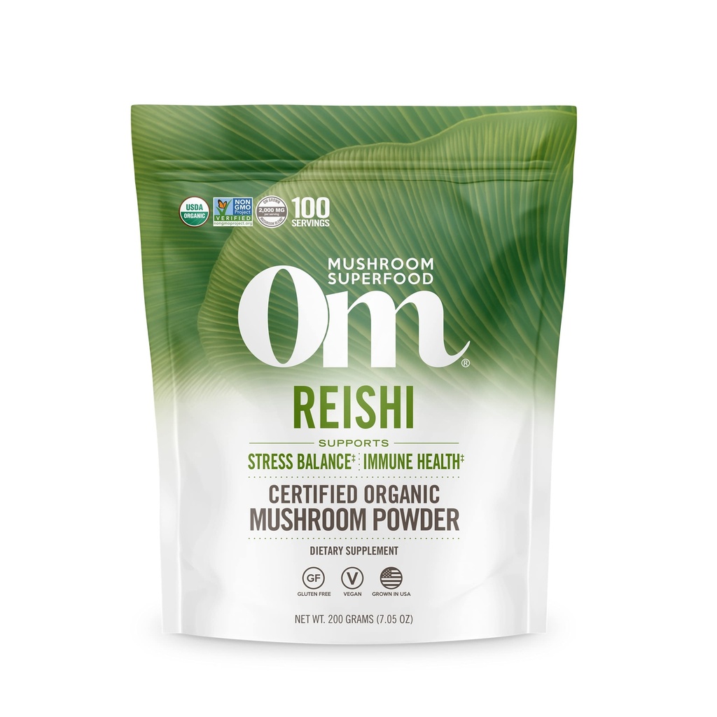 Om Mushroom Superfood Reishi Orgánica Mushroom Powder, 100 Servings, Orgánica Adaptogen Powder para el alivio de estrés y la salud inmune