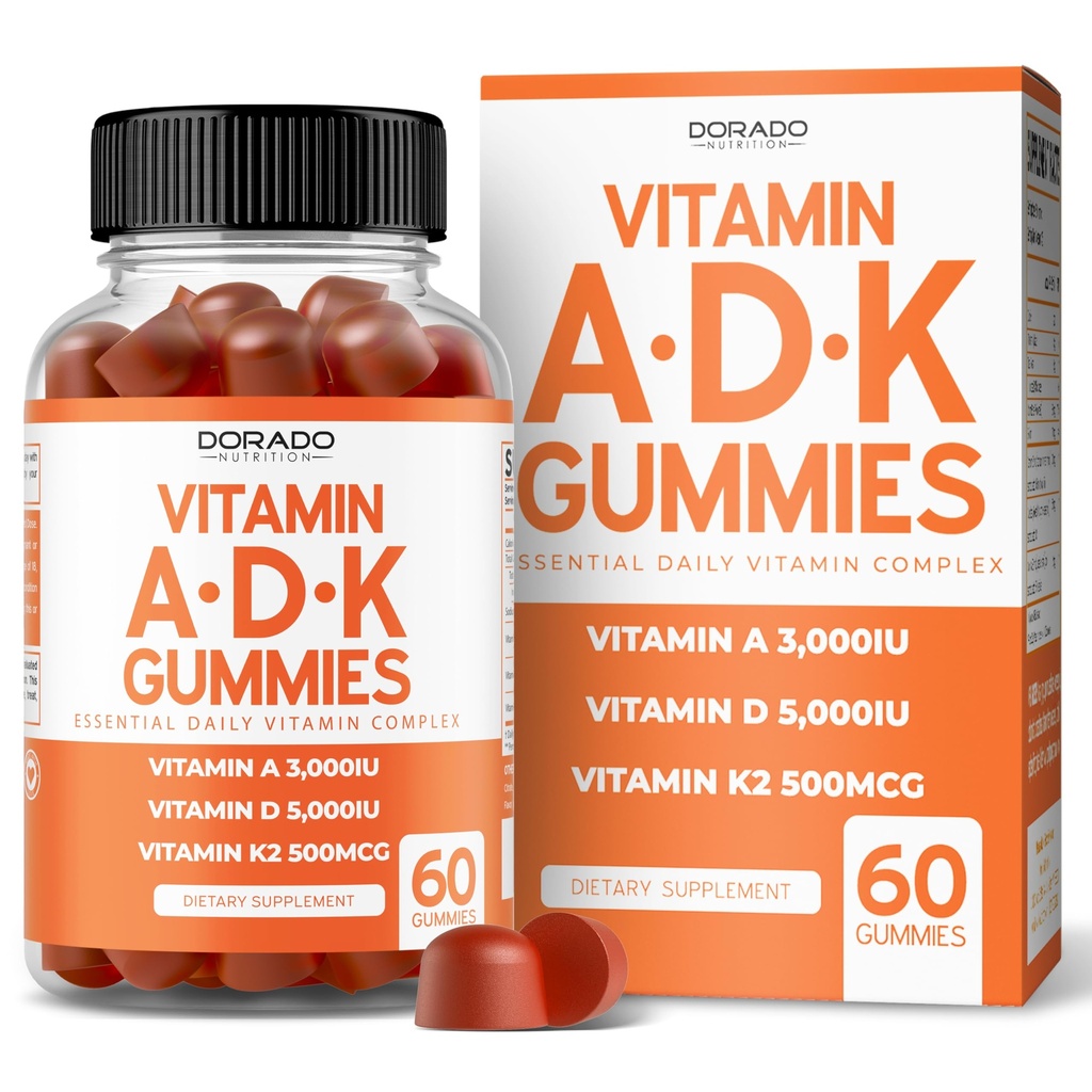 ADK Gummies Vitamina D3 K2 (60 Sugar Free Gummies) Vitamina D3 K2 10000iu/ 5000iu - Suplemento con D & K - 10 Vegan Suplemento - Delicious Raspberry Flavor - Non GMO &amp; USA Made - 60 Con