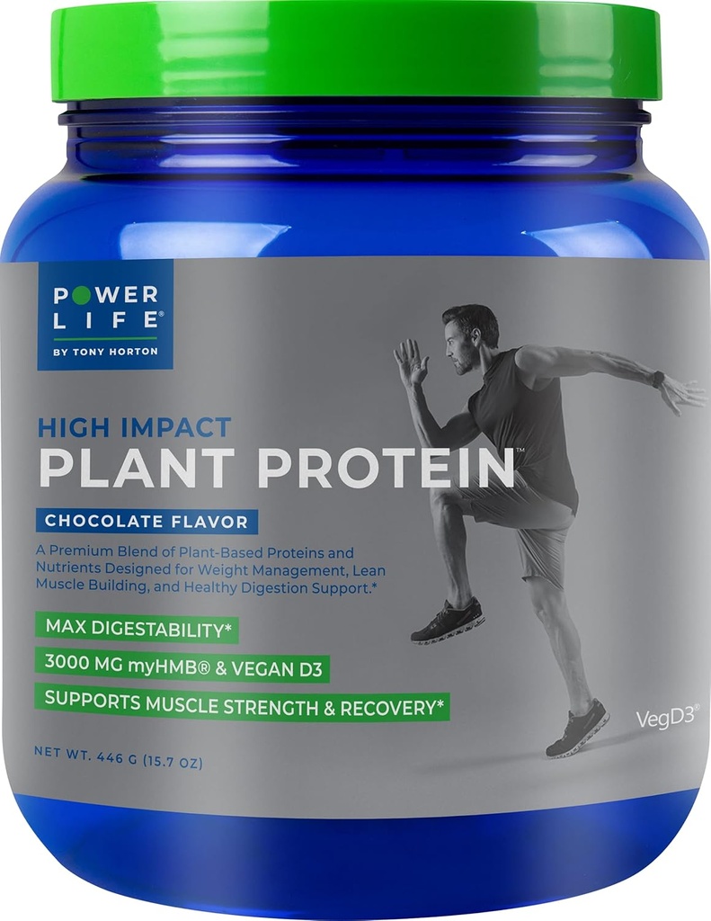 POWERLIFE Tony Horton High Impact Plant Protein Powder con 3000 MG de HMB, Planta-Basada, No Sugar Añadido, Vegan, Keto Friendly, Non-GMO (Chocolate)