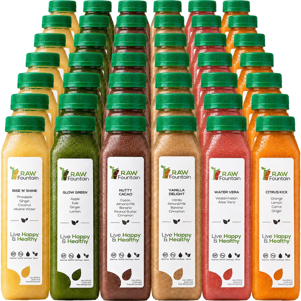 7 Day Protein Juice Cleanse by Raw Fountain, All Natural Raw Detox Cleanse, Cold Pressed Fruits, Vegetables, Vainilla y Chocolate Flavor, Tasty and Energizing, 42 Bottles 12oz, 3 Ginger Shots