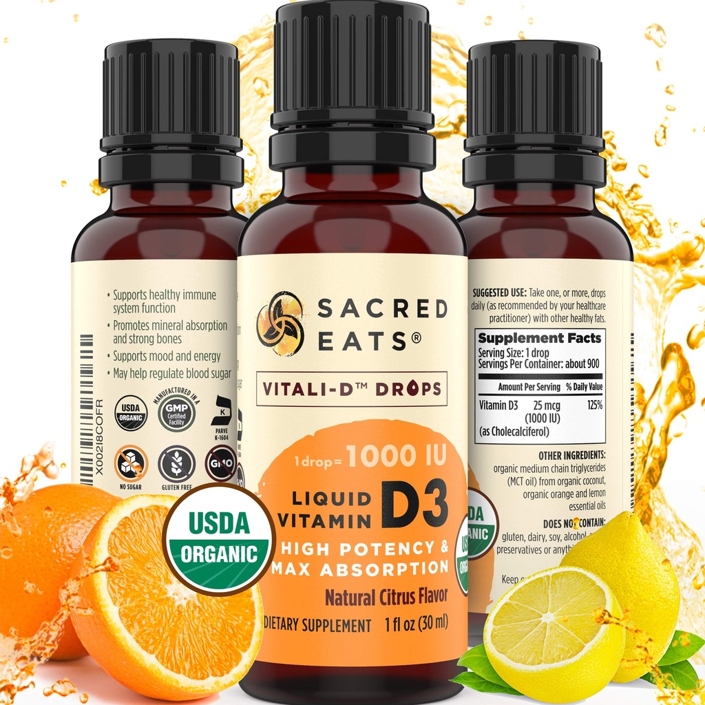 Las gotas de vitamina D orgánica para adultos y niños, sin azúcar. Fácil de usar 1.000 UI/Drop en aceite de MCT de coco. Max Absorption VIT D3 Suplemento. Gran sabor (Citrus)
