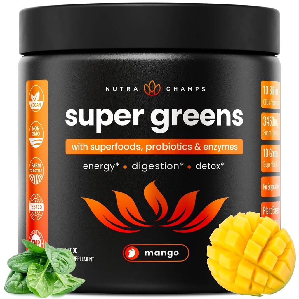 NutraChamps Super Greens Powder Premium Superfood ← 20+ Organic Green Veggie Whole Foods TEN Wheat Grass, Spirulina, Chlorella ANTE Antioxidante, Enzyme Digestivo &amp; Blends Probióticos (9.0 OZ, Mango)