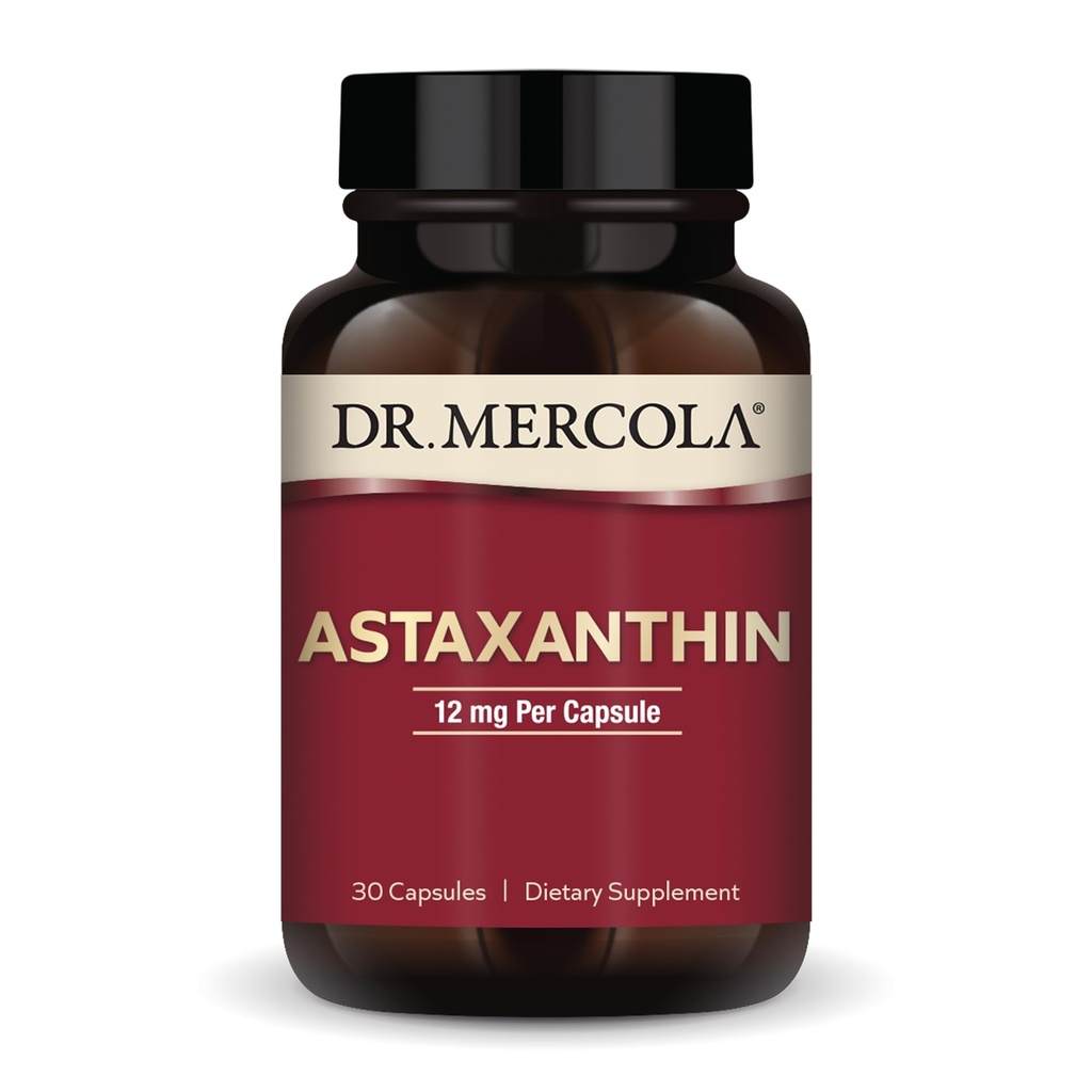 Dr. Mercola Organic Astaxanthin - 12 mg Astaxanthin - Powerful Antioxidant Support - Organic Microalgae Extract - Non-GMO, Gluten-Free &amp; Soy-Free - 30 cápsulas (30 servidos)