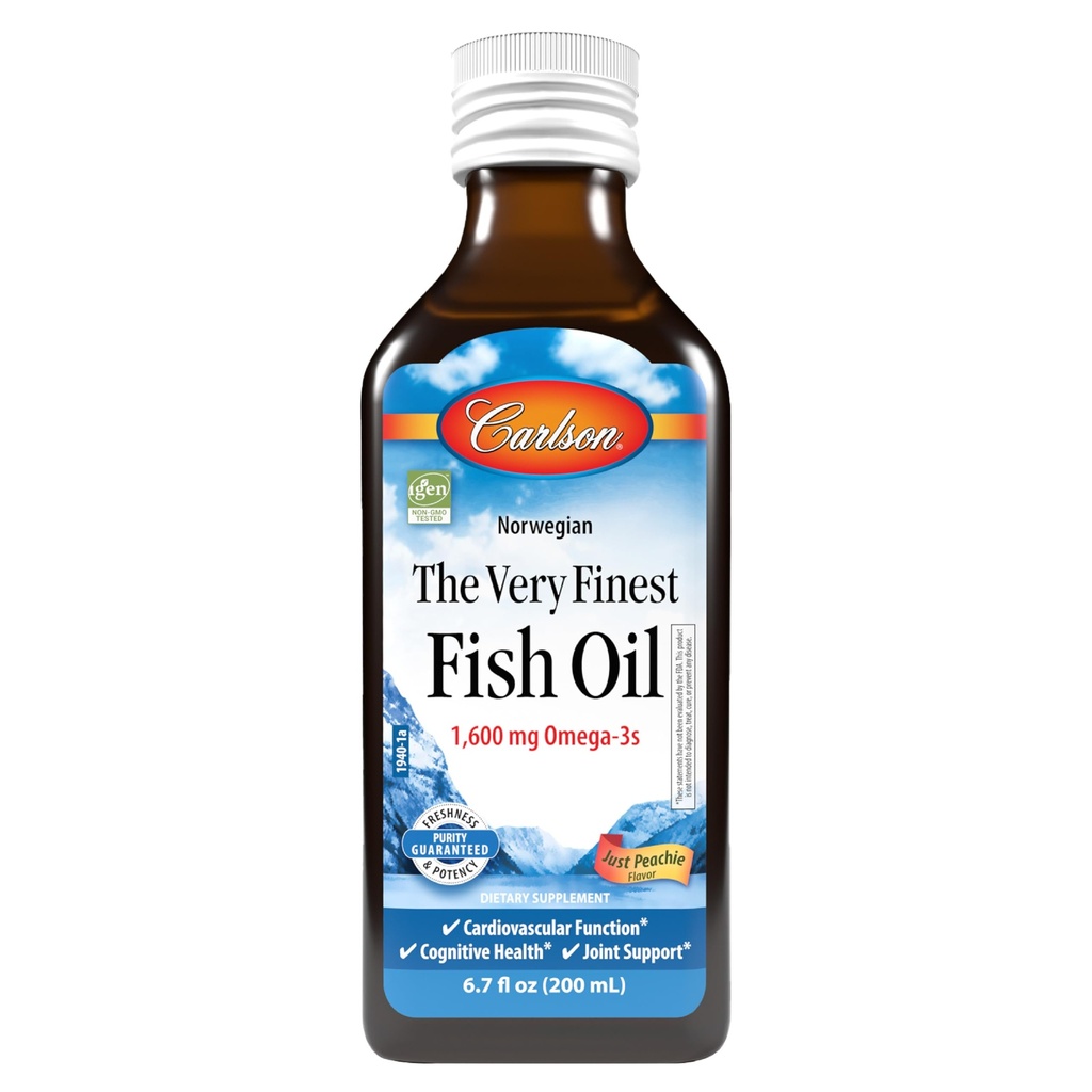 Carlson - The Very Finest Fish Oil, 1600 mg Omega-3, Liquid Fish Oil Supplement, Norwegian Fish Oil, Wild-Caught, Sustentably Sourced Fish Oil Liquid, Just Peachie, 200 mL (6.7 Fl Oz)