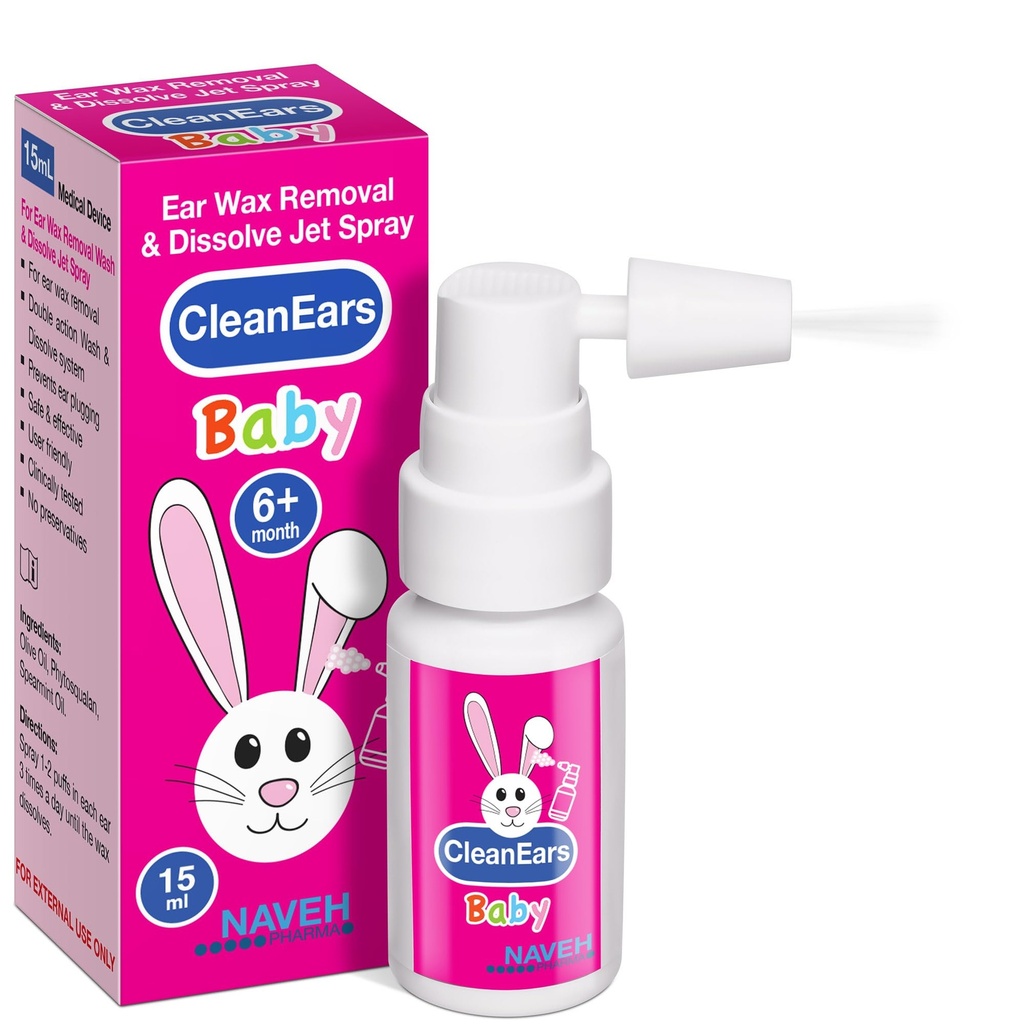 NAVEH PHARMA® CleanEars Baby ← Acción rápida Ear Wax Removal Spray  Breaks Down " Dissolves Earwax in Just 1 Treatment ← Clínicaly Proven to Be 300% More Effective ← Mineral Oil, Gentle limitadaSafe ← 0.5 OZ