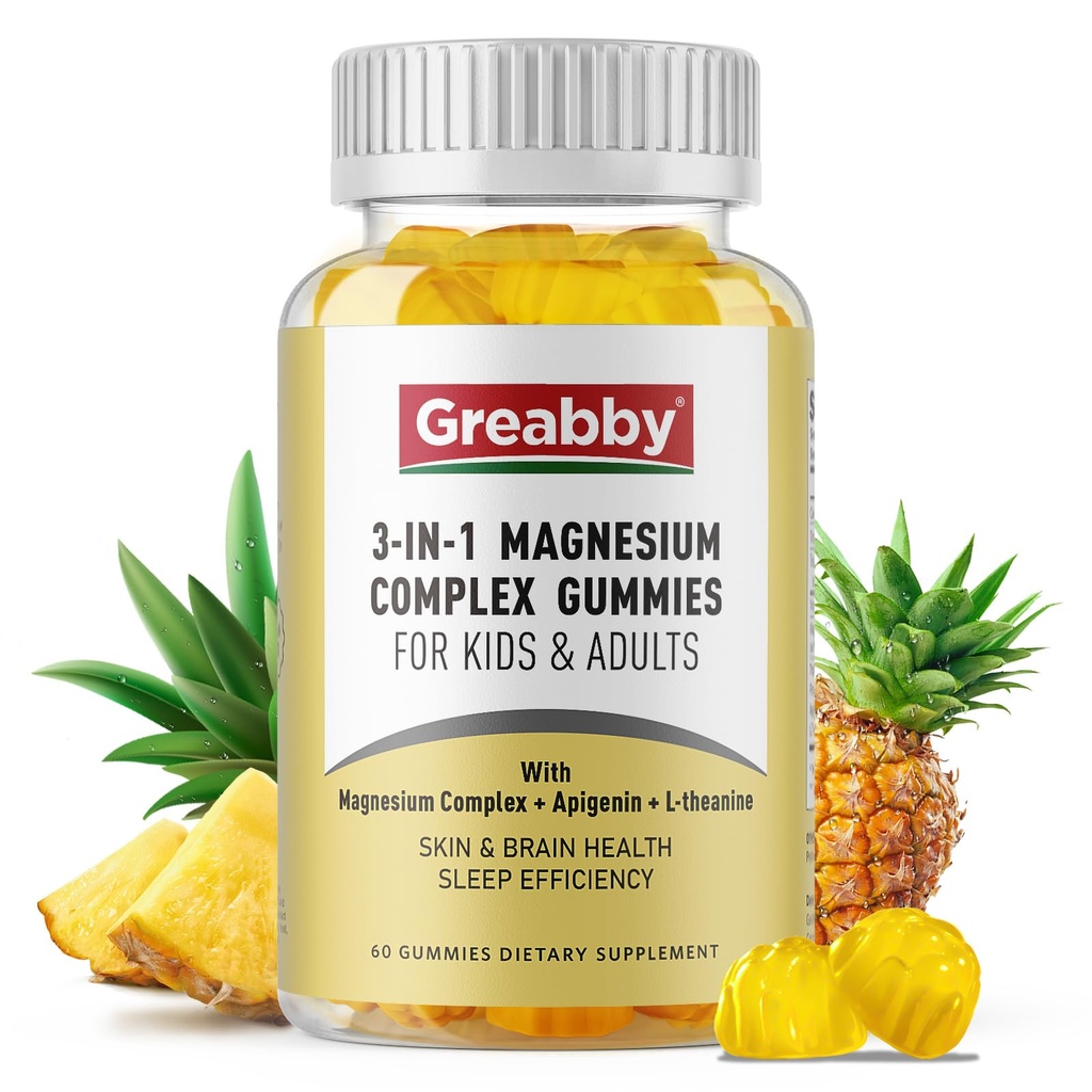 Complejo de magnesio triple Gummies - 800mg Magnesium Glycinate & Citrate, Apigenin & L-Theanine, para niños &amp; adultos, naturalmente dormidos &amp; musculosos calambres (60 conteo)
