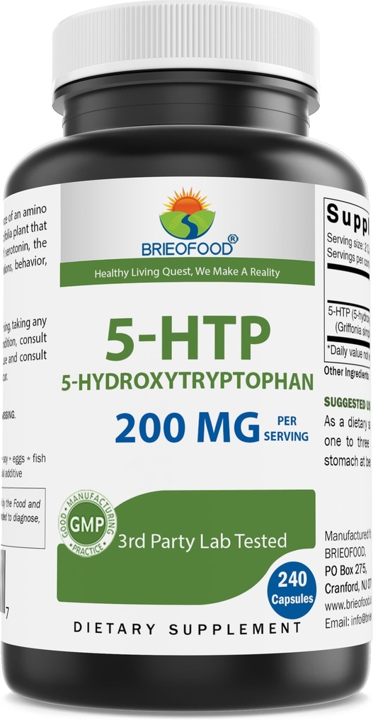Brieofood 5-HTP 200mg por Serving - 240 cápsulas - 5-Hydroxytryptophan for Healthy Relaxation - 3rd Party Lab Tested