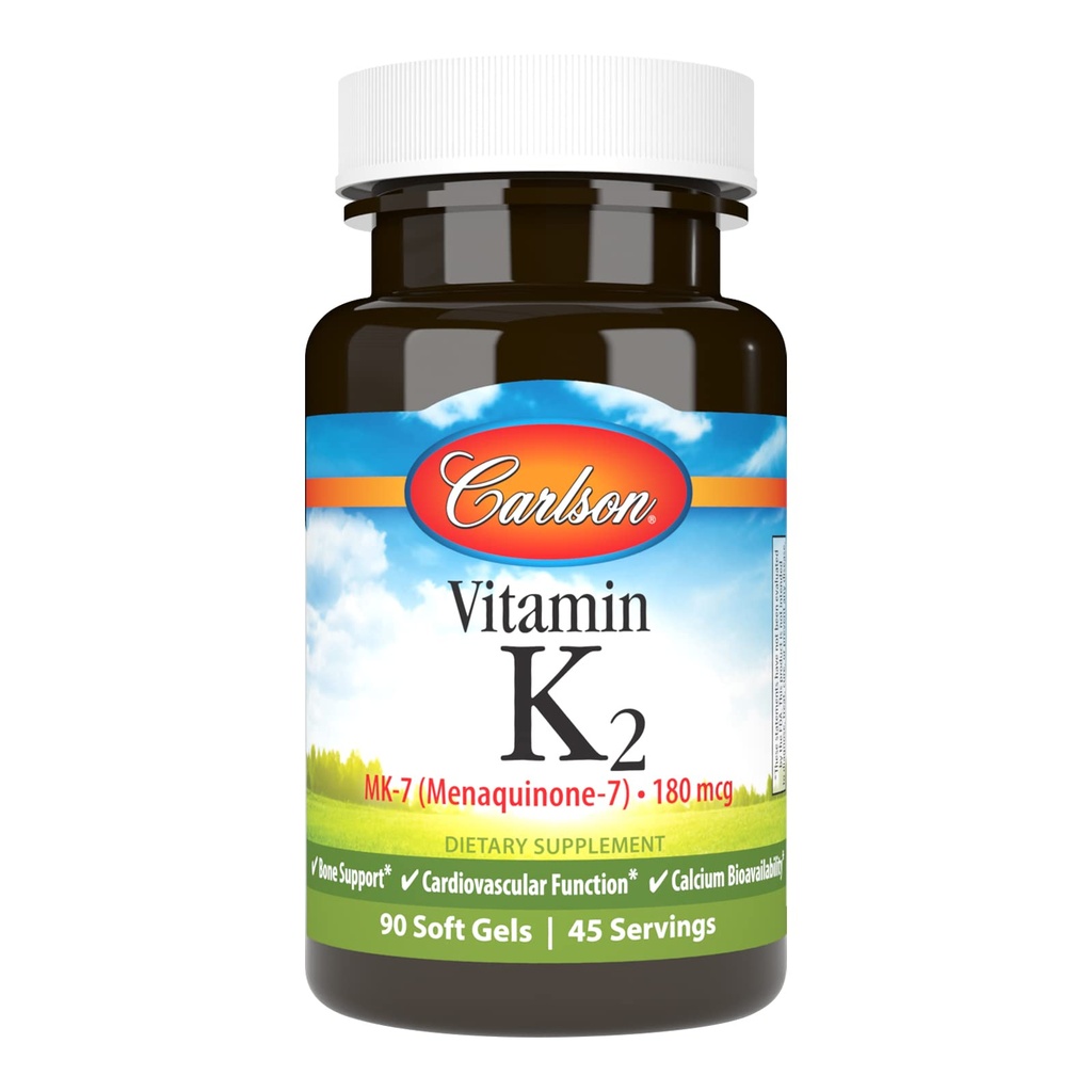 Carlson - Vitamina K2 MK-7 (Menaquinone), 180 mcg, soporte de bonificación, biodisponibilidad de calcio, vitamina K2, vitamina K-2, 90 Softgels