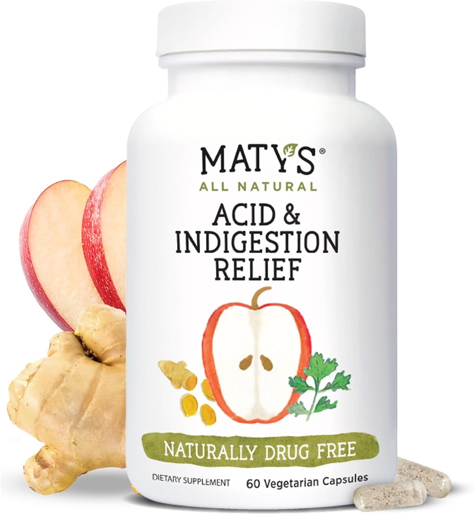 Matys Acid " Indigestion Relief Capsules, Safe Antacid Alternative for Occasional Acid Reflux " Heartburn, Made with Apple Cider Vinegar, Soy " Gluten Free Vegetarian Capsules, 60 Conde, 30 Servings