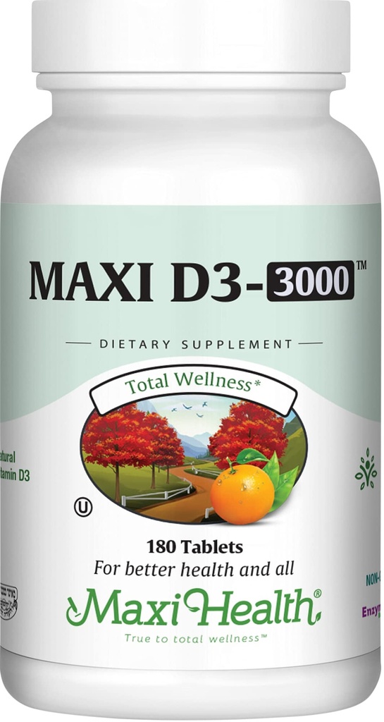 Maxi Health Vitamin D3 3000 UI 75 mcg Vitamina D Suplemento para Huesos Saludables, Dientes, Apoyo Inmunitario - VIT D3 Suplemento Easy to Swallow Non-GMO, Suplemento para Hombres y Mujeres – Kosher (180 Tabletas)