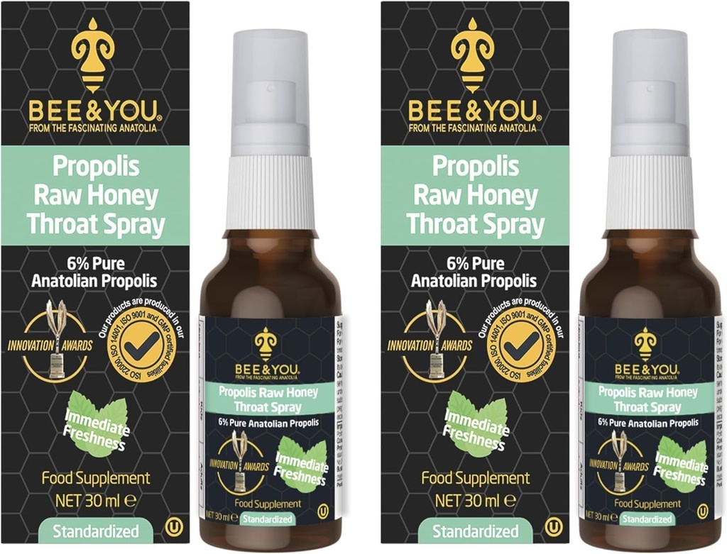 Abeja y tu cruda miel de garganta Spray, 100% puro Propolis Extract, Immune Support, Sore Throat " Congestion Relief, Oral Health, Antioxidants, Natural, Keto, Paleo, Gluten-Free TEN 1 FL Oz (Pack of 2)