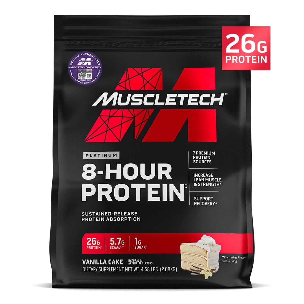 MuscleTech Platinum 8-Hour Protein Powder - 7 Premium Protein Sources with Whey & Casein Protein for increased Lean Muscle, Strength &amp; Improved Recovery - Vanilla Cake, 50 Servings