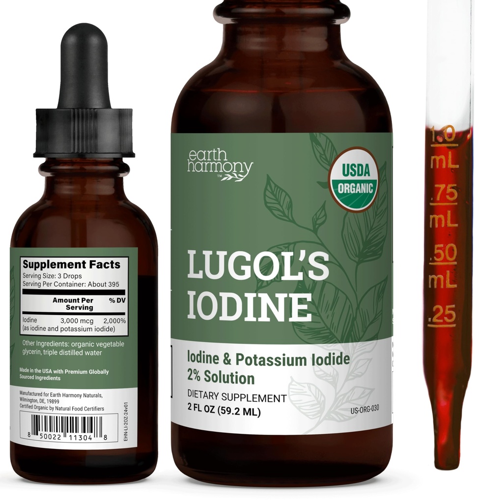 Ioduro de Lugol ecológico, yodo y Potasio 2% Solución 3000 mcg - Suplemento líquido gotas para soporte tiroideo para hombres, Metabolismo Salud, Detox Boost - No GMO, 395 Servimientos (2 Oz)