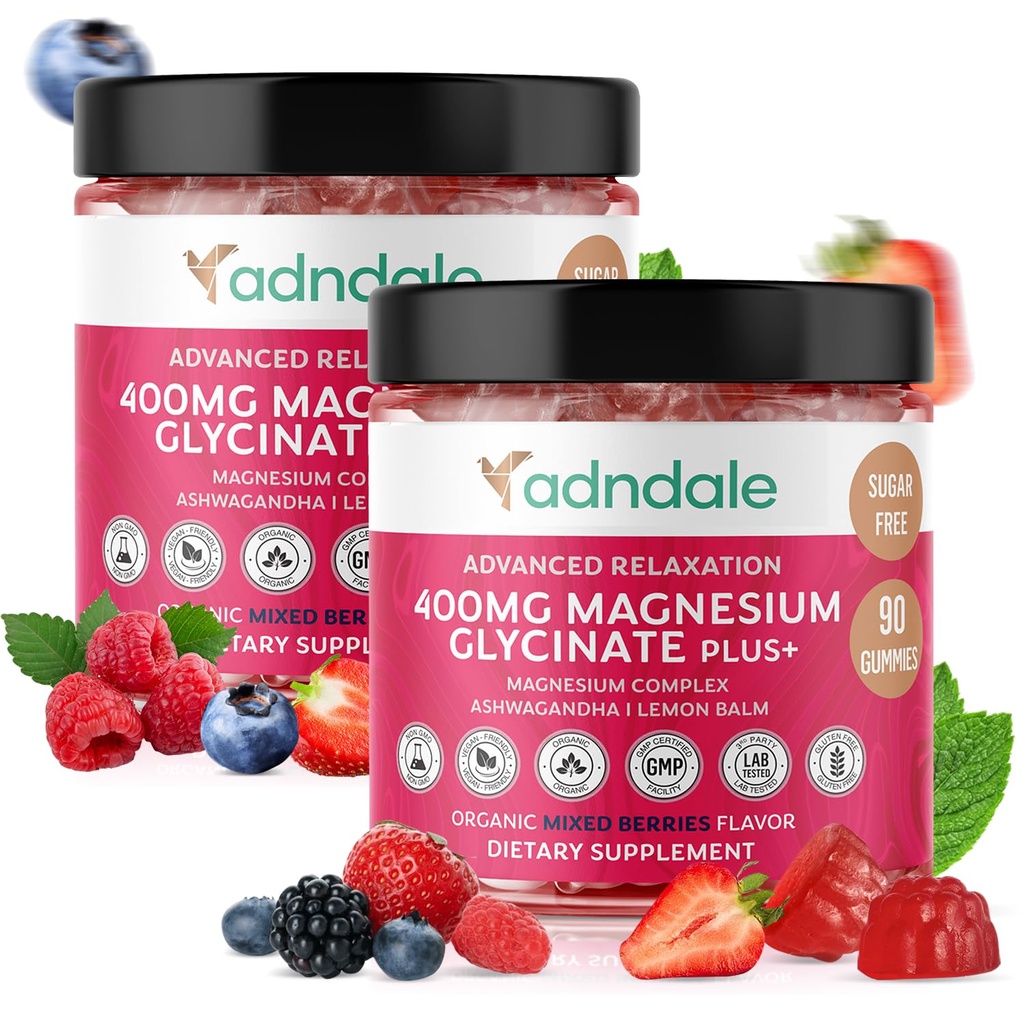 Adndale 180 CT Magnesium Glycinate Gummies 400 mg/Serv, con Ashwagandha, Magnesium Malate & Taurate, Sugar Free Chews for Adults &amp; Kids.