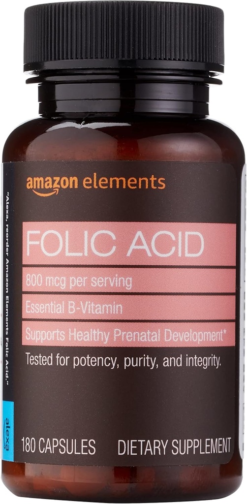 Elementos - ácido fólico, 800 mcg por por porción, Tablet, 180 Cuenta, Pack de 1, Suplemento dietético de la mujer para el desarrollo prenatal saludable, 6 meses de suministro