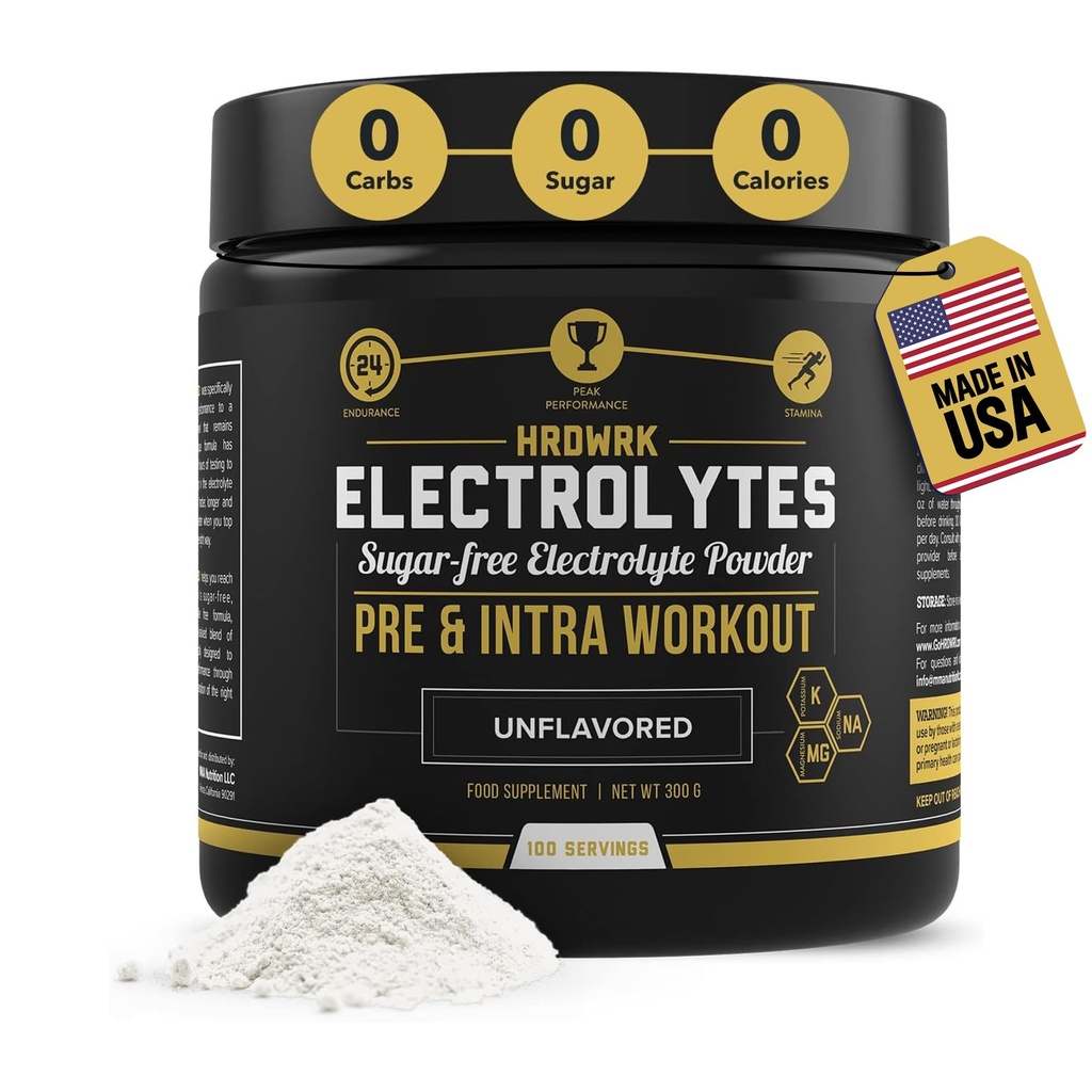 HRDWRK - Electrolytes Powder Keto Hydration Sugar Free with Magnesium, Potassium and Sodium - 100 Servings ¦ Boost Endurance and Reduce Fatiga with This Electrolytes Supplement - Maximum Hydration
