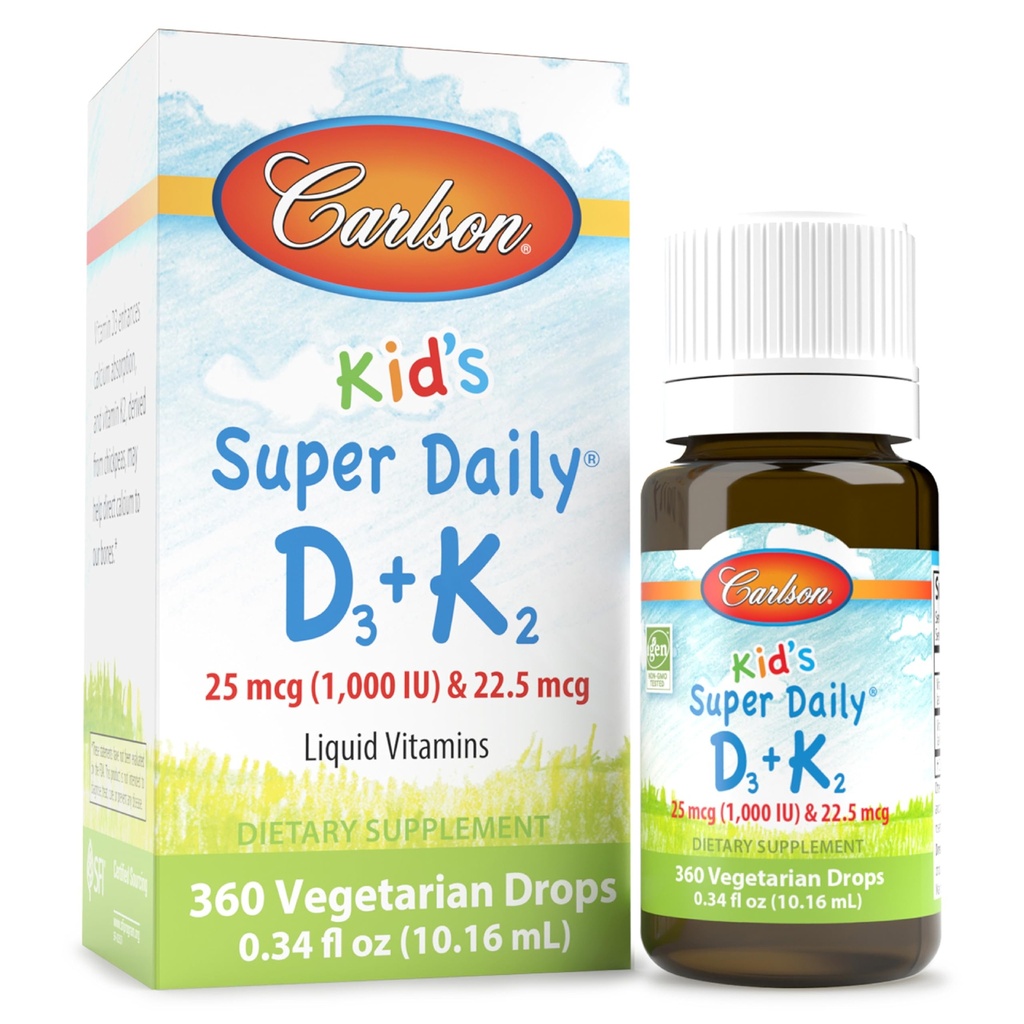 Carlson - Super Daily D3+K2, 25 mcg (1,000 UI) D3 &amp; 22,5 mcg K2, Vitamina D gotas con Vitamina K2, Vitaminas líquidas, 1000 UI Vitamina D3, Corazón &amp; Bone Health, 1-Año de suministro, Desflavorado, 360 gotas