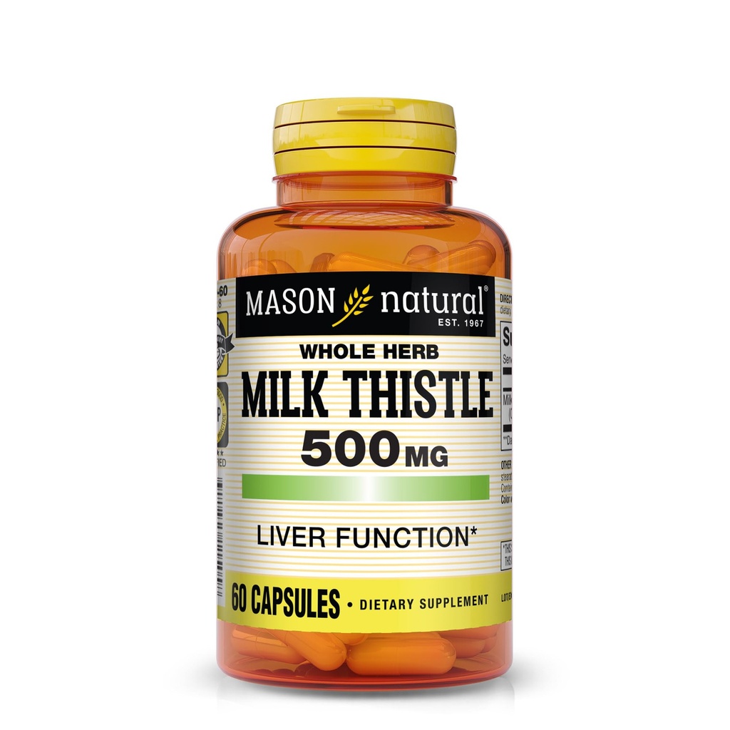 MASON NATURAL Milk Thistle 500 mg - Support Healthy Liver Function, Cleanse and Detox, Herbal Dietary Supplement, 60 cápsulas