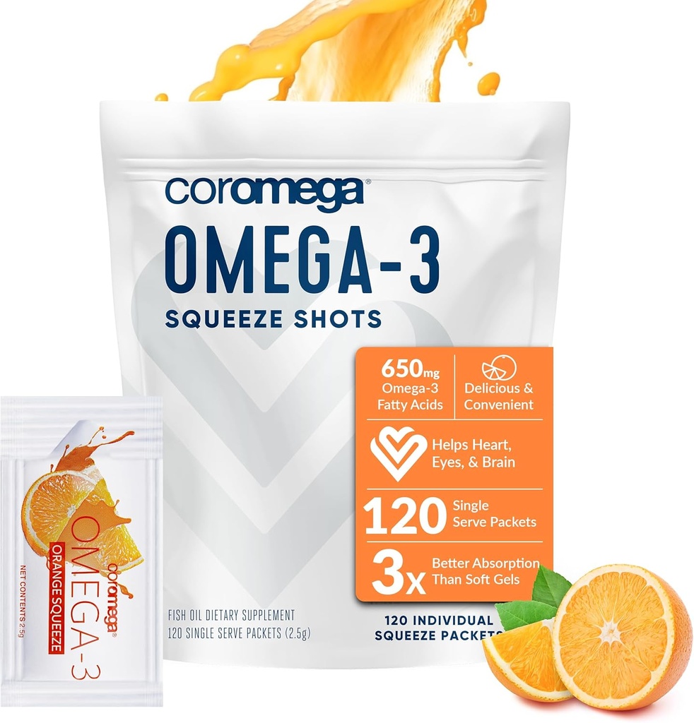 Coromega Omega 3 Fish Oil Suplemento, 650 mg de Omega-3 con 3X mejor absorción que Softgels, Orange Flavor, 120 Single Serve Squeeze Packets